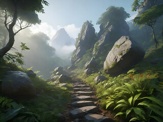 The path in the forest is full of rocks on the high mountains. The rainforest is humid and covered with mist. In the morning sunrise