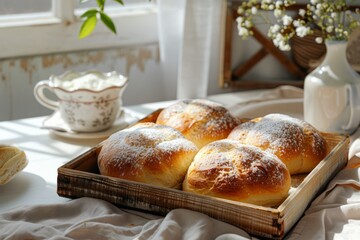 Fresh baked bread on wooden tray, linen table cloth, cosy view, wooden table, bakery, pastry