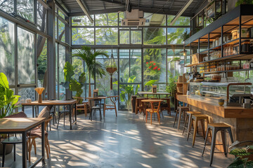 Fototapeta premium Modern cafe with natural sunlight. Coffee shop interior design decoration concept