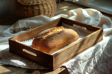 Fresh baked bread on wooden tray, linen table cloth, cosy view, wooden table, bakery, pastry
