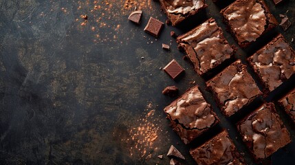 Top-down view of homemade chocolate brownies set against a dark background.