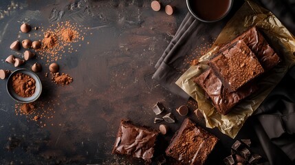 Top-down view of homemade chocolate brownies set against a dark background.