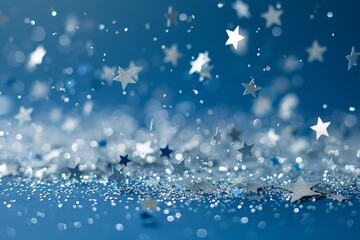 white glitter stars randomly dispersed, photorealistic airy float, on a minimalist blue backdrop ,high resulution,clean sharp focus