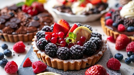 An array of delectable desserts, including chocolate cake, mixed berry tart, Lemon Meringue Tart, and chocolate tart, skillfully crafted by a pastry chef.