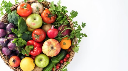 Studio photography of various fruits and vegetables arranged in a basket, isolated on a white backdrop, captured from a top view perspective. 