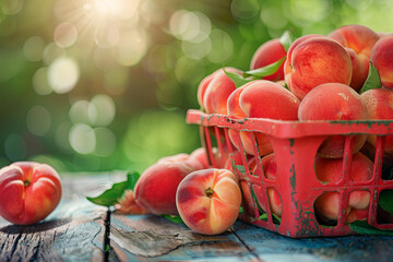 Delicious fresh peaches in a red basket spilling out, copy space
