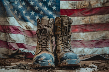 Old army combat boots stand against the background of the American flag on Memorial Day, remembering the fallen soldiers around the world.
