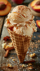 A scoop of peach cobbler ice cream served in a cinnamon sugar-dusted waffle cone, topped with peach slices and a sprinkle of cinnamondelicious food style, blur background, natural look