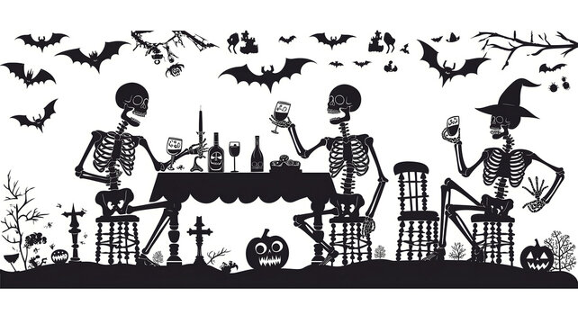 Skeletons sitting at the table and having a Halloween party. Neural network generated image. Not based on any actual scene or pattern.