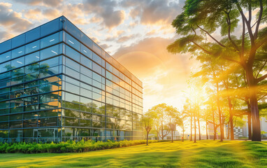 Corporate office building exterior landscape,created with Generative AI tecnology.
