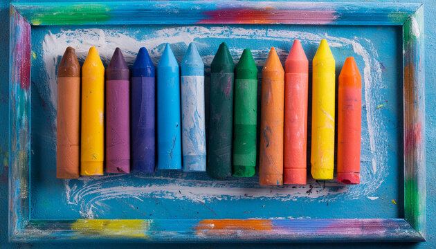 Row of Colorful Crayons on a scratched chalkboard marked with children color scratches, the concept of creativity and fun learning.