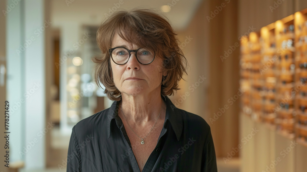 Wall mural Middle aged woman in optical store, blurred background