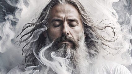   A painting of a bearded man with long hair and closed eyes, surrounded by drifting smoke
