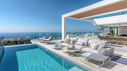 Fototapeta premium Luxury villa swimming pool by the sea,created with Generative AI tecnology.