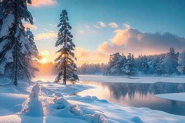 Winter Wonderland: Snow-Covered Pines and Sunset Over Frozen Lake