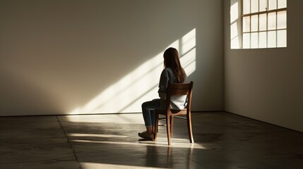 A Woman sits alone on a wooden chair in a large interior room, Embracing minimalism, Finding Peace and Mental Balance, Exploration of Mindfulness