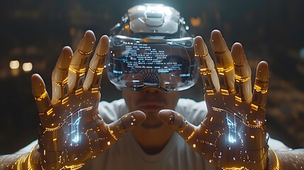 Futuristic VR Interface with Haptic Gloves. A user experiences a virtual reality interface with advanced haptic feedback gloves in a dark room.
