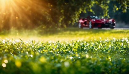   A red sports car sits in a field of verdant grass; sunlight filters through the trees behind it
