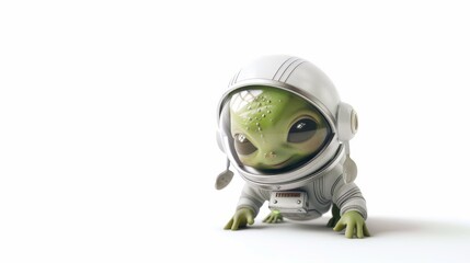 A curious green alien donned in a classic space suit appears ready to explore, gazing out with a sense of adventure and discovery.