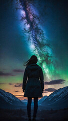 dark silhouette of a woman that stands before a beautiful moving night sky with galaxies and stars