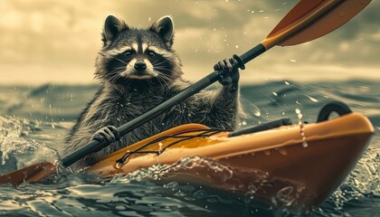An adventurous raccoon, early 30s, explores the sea on a kayak, paddle in hand, watercolor tone, pastel, 3D Animator - obrazy, fototapety, plakaty