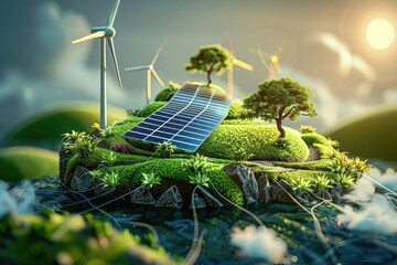 Sustainable Earth: Renewable Energy Concept with Solar Panels and Wind Turbines