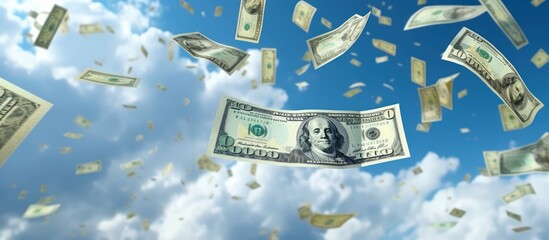 money falling flying from the sky isolated blue clouds background