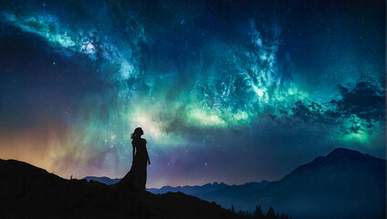dark silhouette of a woman that stands before a beautiful moving night sky with galaxies and stars - obrazy, fototapety, plakaty