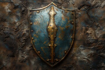 Antique Shield Mounted on a Rustic Stone Wall in Dim Lighting - obrazy, fototapety, plakaty