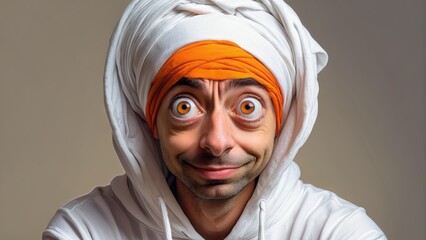   A man in a white shirt wears an orange turban on his head