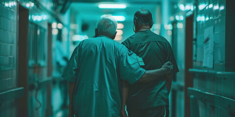 Two patients in hospital gowns walking down deserted hallway in empty medical facility