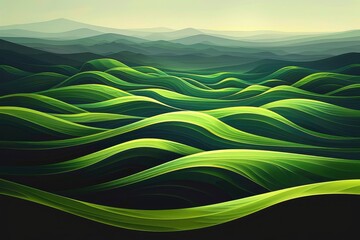 Verdant Waves: Digital Art of Rolling Green Hills and Distant Mountains