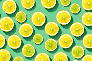 Obraz premium Round slices of lemon forming pattern on a green background