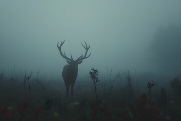 A deer standing in a field on a foggy day