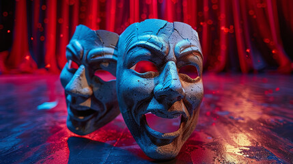 drama masks on theater stage, concept of acting, show, comedy, opera - obrazy, fototapety, plakaty