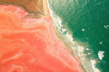 Aerial view of vibrant pink and green beach waters with a vast blue ocean in the background on a sunny day