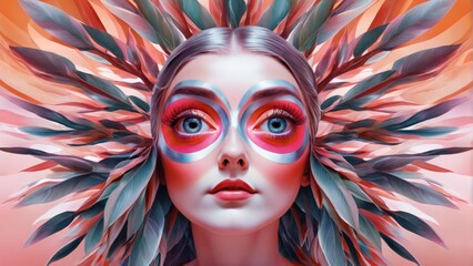  Woman's face with feather headdress, red eyeliner - obrazy, fototapety, plakaty