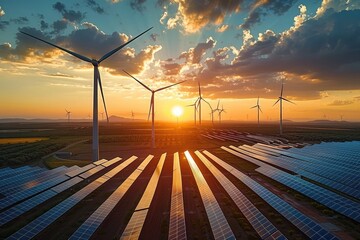 Dawn of Clean Energy: Wind Turbines and Solar Panels at Sunset - obrazy, fototapety, plakaty