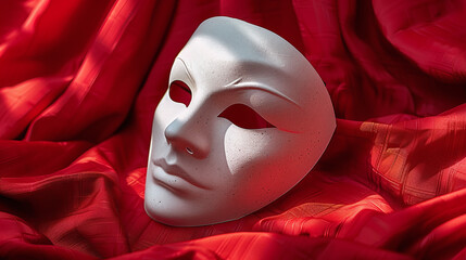 white mask on red curtain, Venice vintage party, Opera day - obrazy, fototapety, plakaty