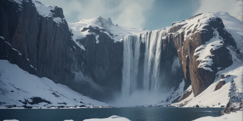 Wasserfall in einer winterlich eisigen Gebirgslandschaft
