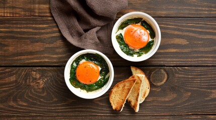 Eggs en cocotte (baked eggs) with cream, сheese and spinach on wooden background with free space. Top view, flat lay