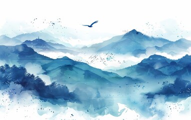 Watercolor painting showcasing a winding path cutting across a scenic landscape under a clear blue sky - computer generated
