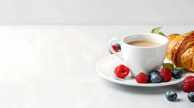 Fresh morning breakfast with coffee and croissant, berries on the side. Simple and clean style for advertising, culinary blogs. Ideal for cafe menus. AI