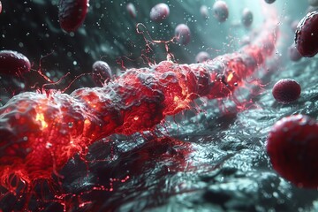 Digital artwork of platelets and coagulation factors engaging in a dynamic clot-forming relay, showcasing the coagulation cascade - obrazy, fototapety, plakaty
