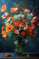 A still life photograph of a flower arrangement in a vase, using dramatic lighting