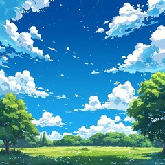 Obraz premium An illustration in the style of anime featuring a summer sunset with fluffy clouds in the sky.