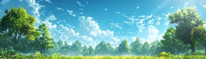 A drawing of a sunny sky and fluffy cumulus clouds with an anime influence.