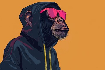 A close-up profile portrait of a bored monkey, illustrated in a flat 2D vector style. The monkey is decked out in a trendy hoodie and eye-catching neon sunglasses, creating a slightly surreal vibe. - obrazy, fototapety, plakaty