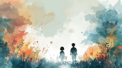 An animated illustration of two children joyfully discovering something.