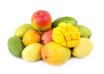 Assortment of different mango fruits isolated on white background.	
